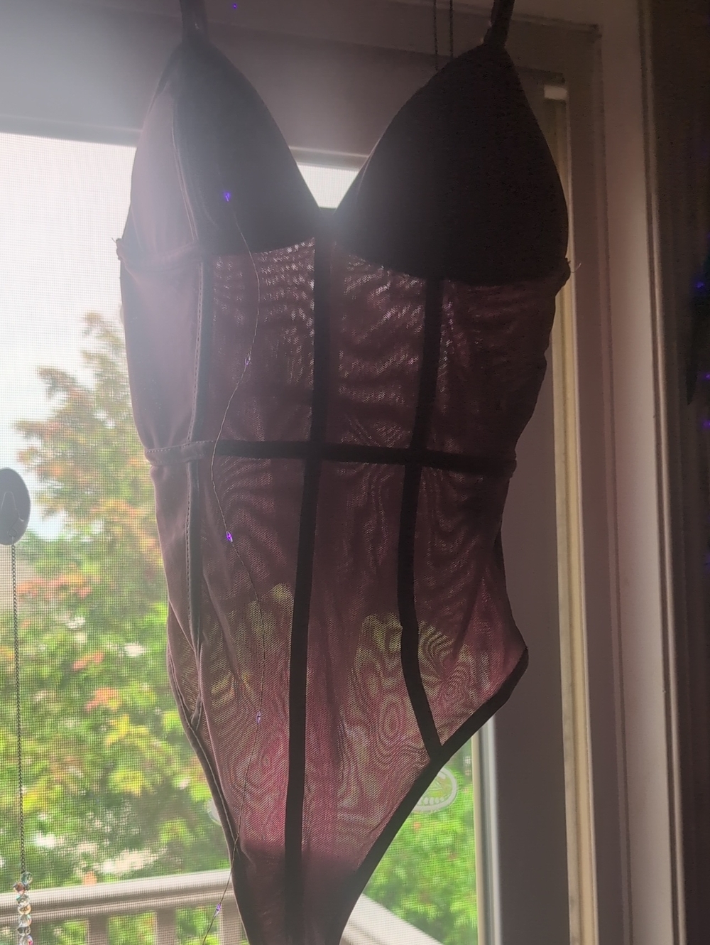 Sheer Lace-Trim Bodysuit in Deep Pink/ Purple
